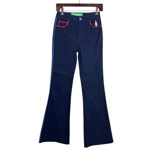 NWT United Colors of Benetton dark blue red royal blue top stitch flare pants 2